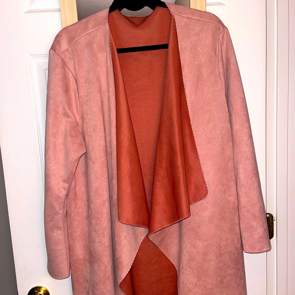 Plus Waterfall Neck Open Front Suede Coat